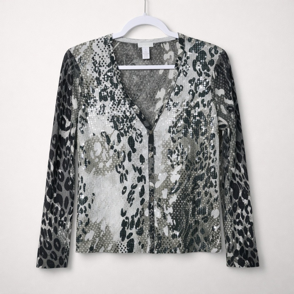 Chicos Black Gray Animal Print Sequin Cardigan 1/M Office Parisian Glam Baddie